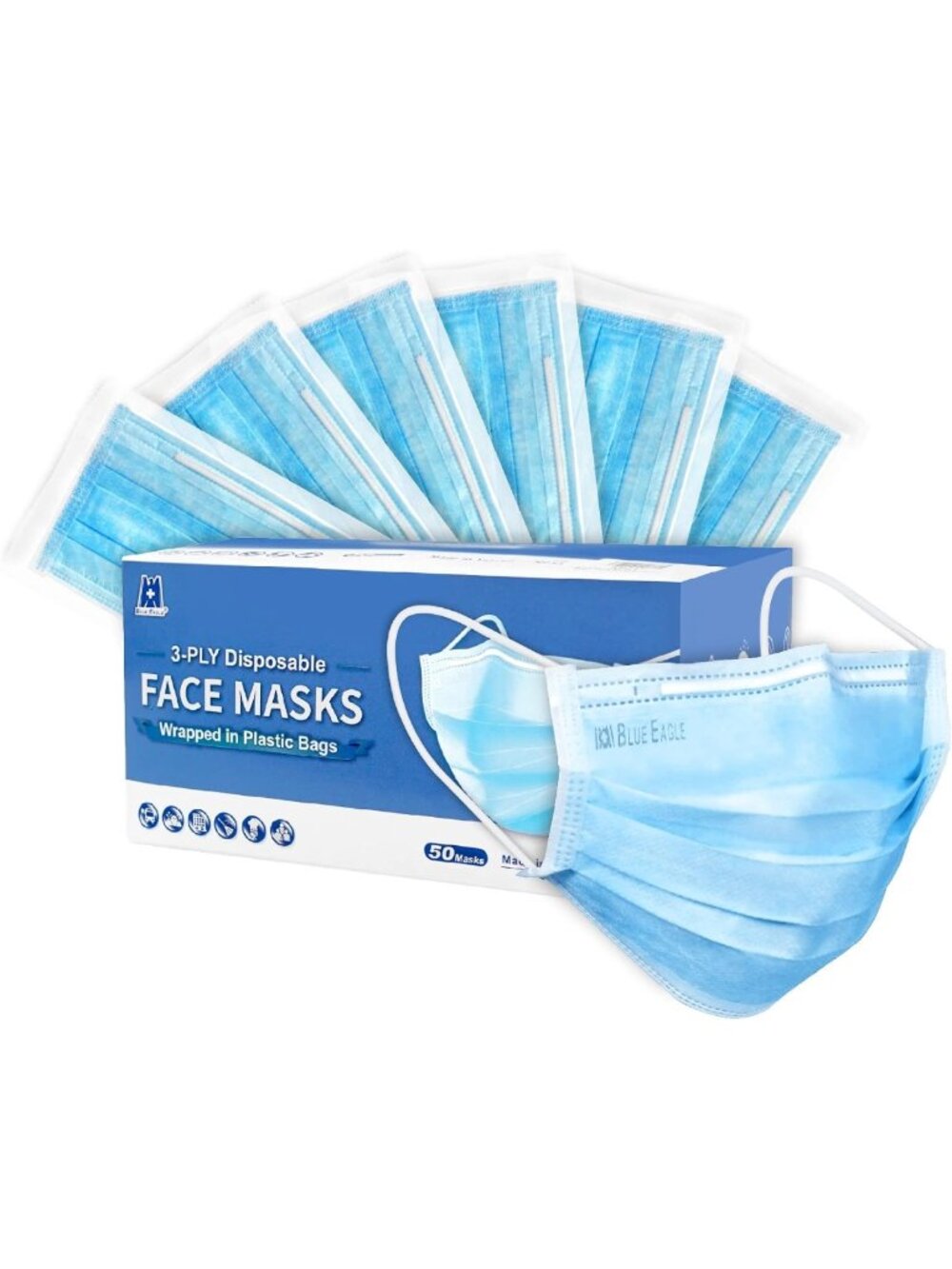 50 Pack Blue 3-Ply Face Masks - Individually Wrapped, Comfortable & Breathable